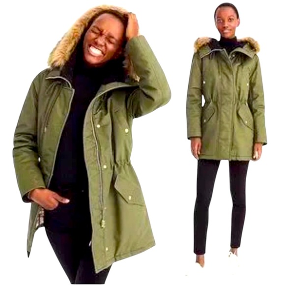 J.Crew Olive Green Utility Parka Petite XS Faux Fur Hood PrimaLoft Jacket EUC - Picture 2 of 14